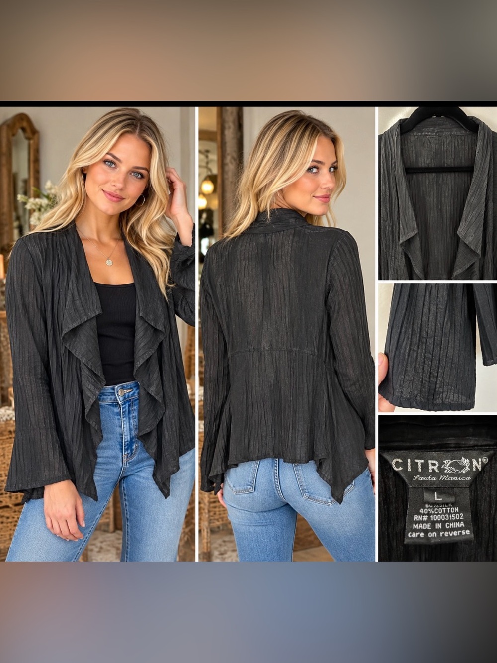 Citron Black Pleated Open-Front Draped Jacket 60/40 Silk and Cotton bell sleeve